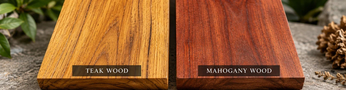 Teak wood and mahogany wood side-by-side showing natural color and grain differences
