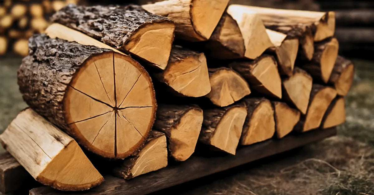 Stack of seasoned firewood logs neatly arranged and ready for burning in a fireplace or wood stove