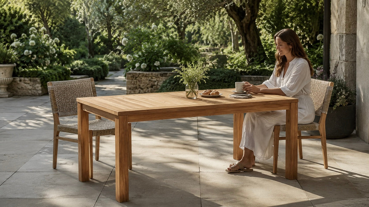 teak outdoor table on a garden patio