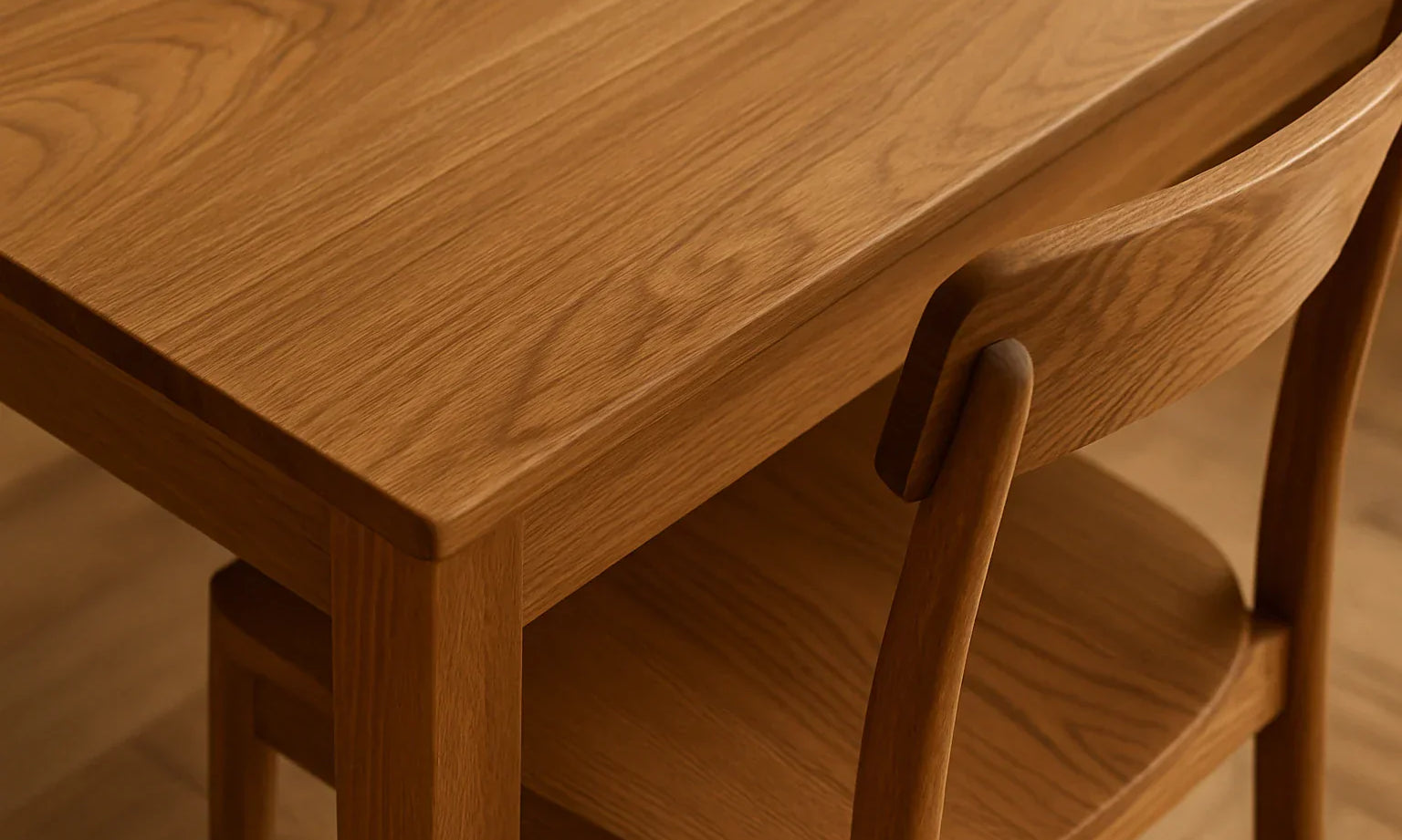 Close-up of wooden table and chair showcasing natural wood grain texture and smooth finish
