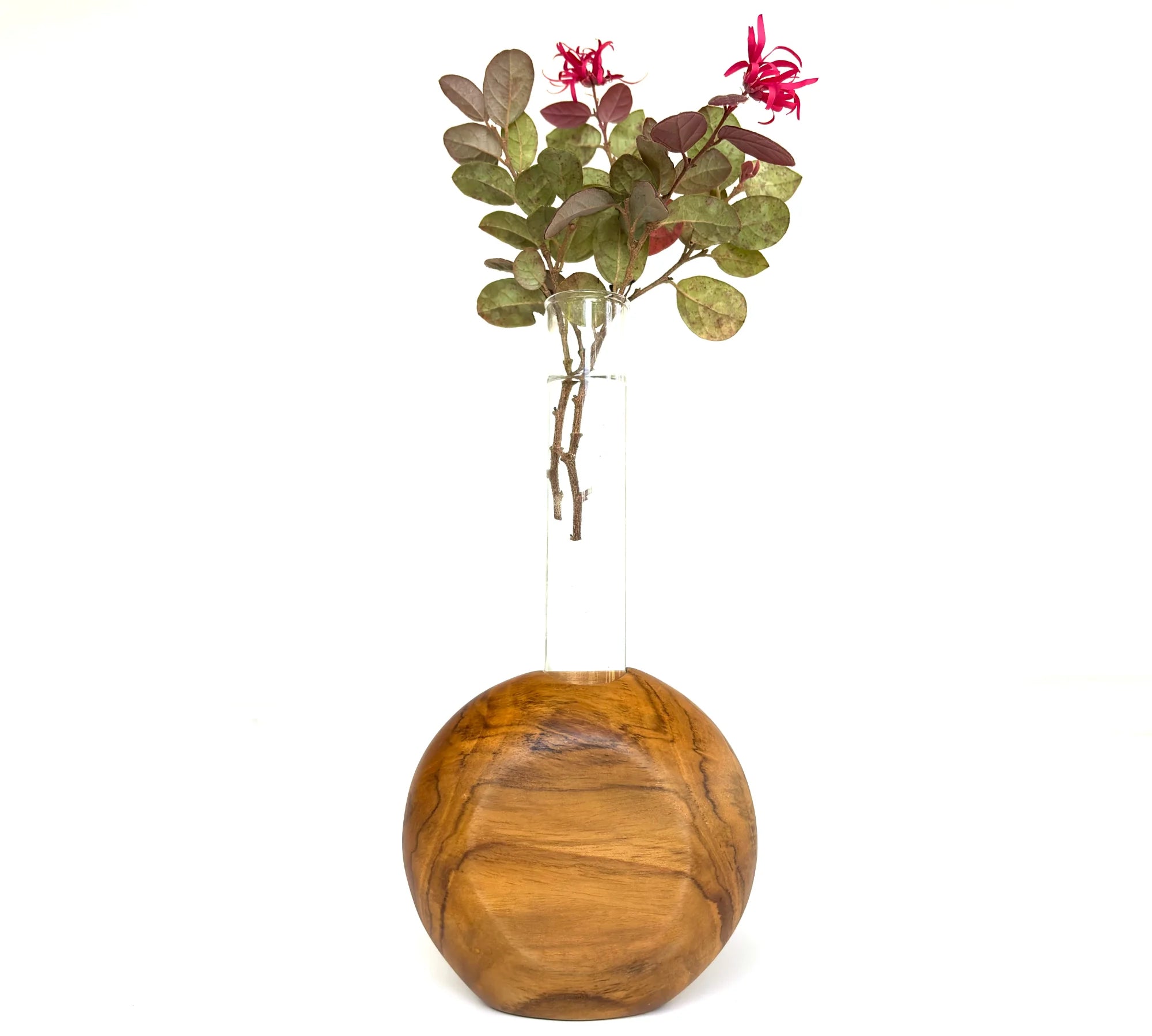 Wood Ceylon circular test tube vase with a wooden base and colorful flowers for modern decor