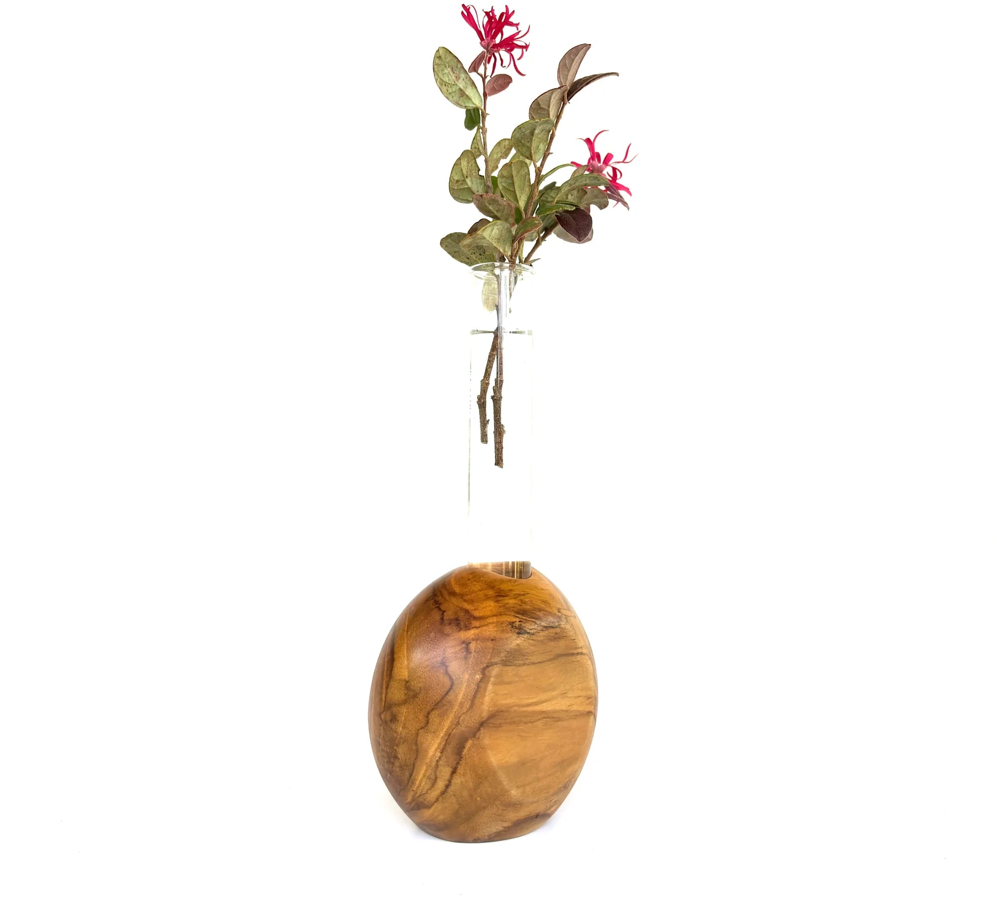 Wood Ceylon Circular test tube vase with a round wooden base and colorful flowers for home decor