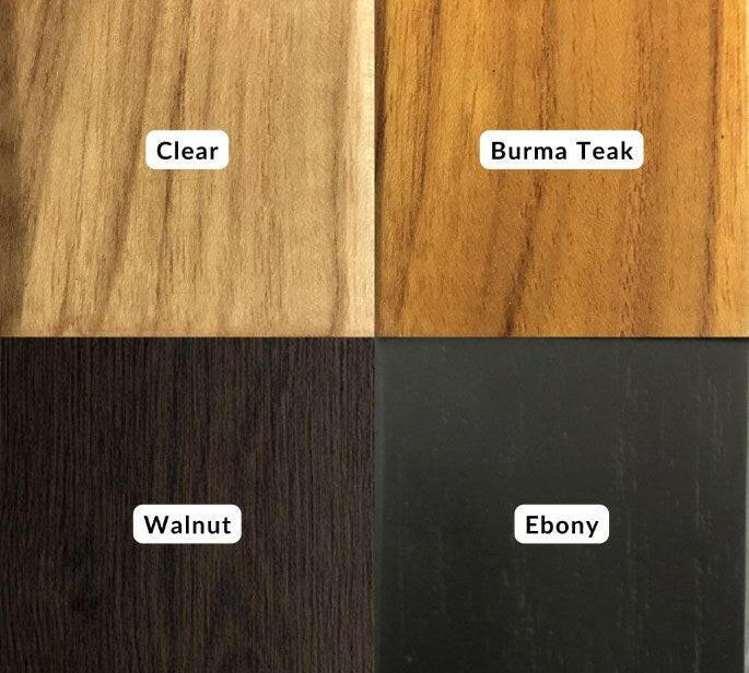 Various wood finishes including Clear, Burma Teak, Walnut, and Ebony for a front door handle