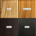 Various finishes of solid wooden door handle including Clear, Burma Teak, Walnut, and Ebony