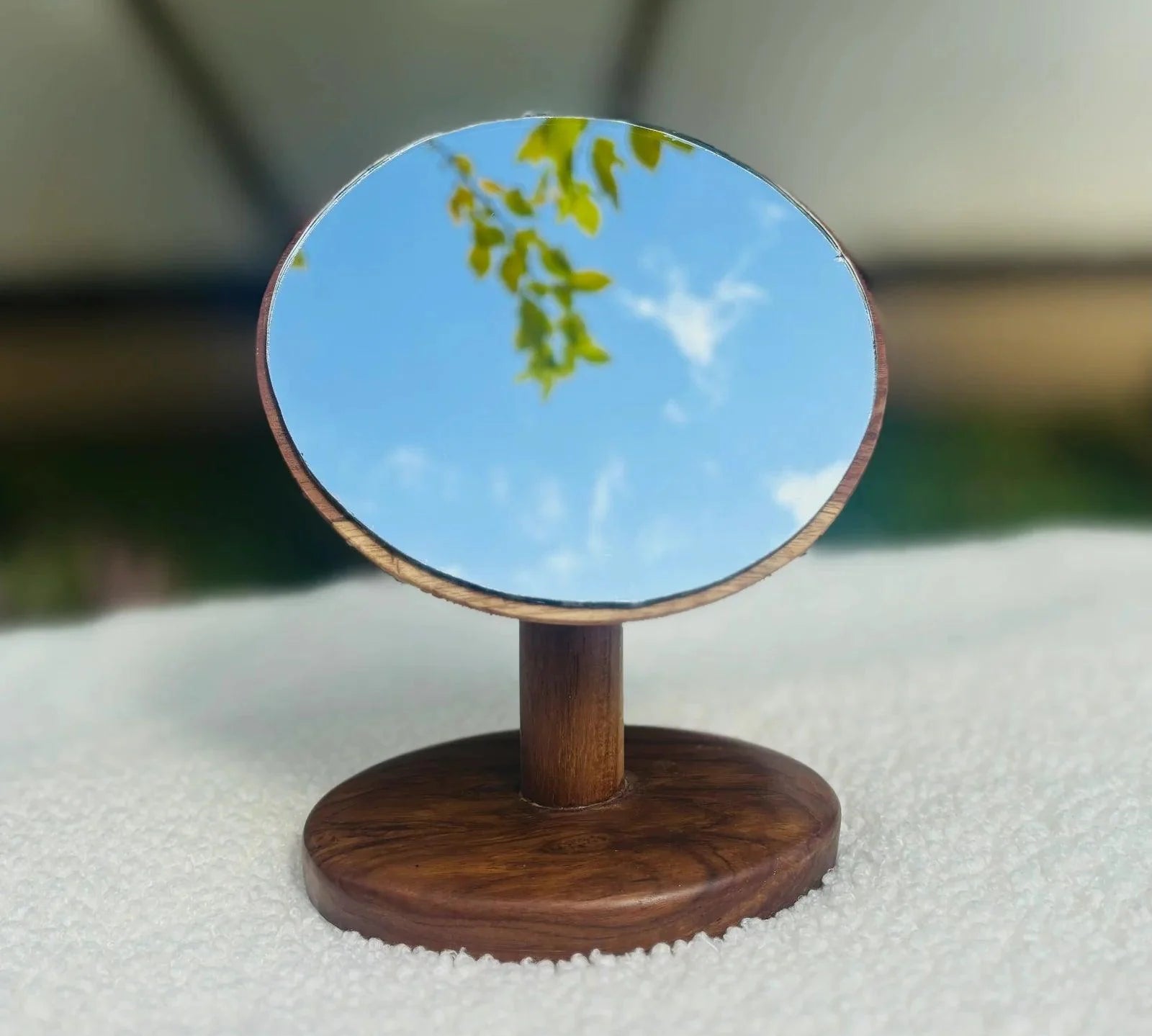 Wood Ceylon tabletop vanity mirror teak with round reflective glass and sturdy wooden base