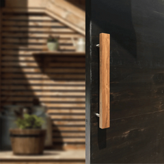 Teak barn door handles from Wood Ceylon showcasing elegant design and smooth finish
