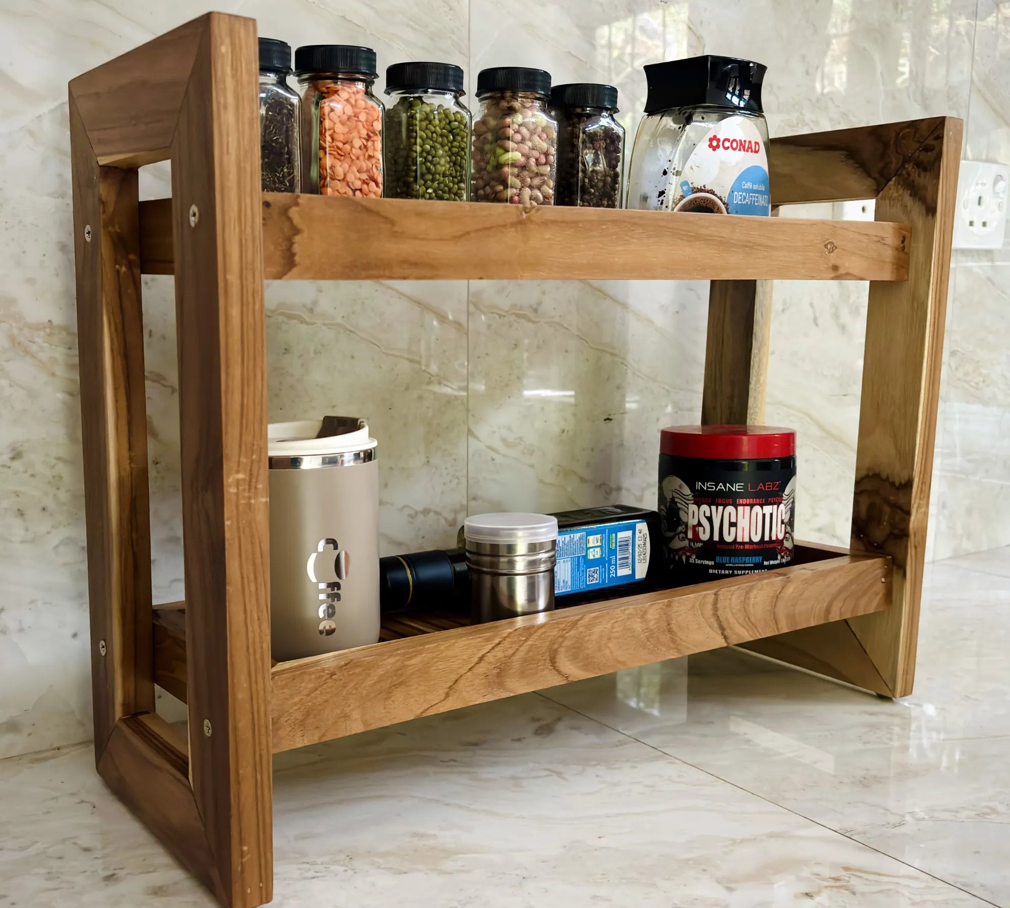 Teak wood countertop spice rack with two shelves for organizing spices and kitchen essentials