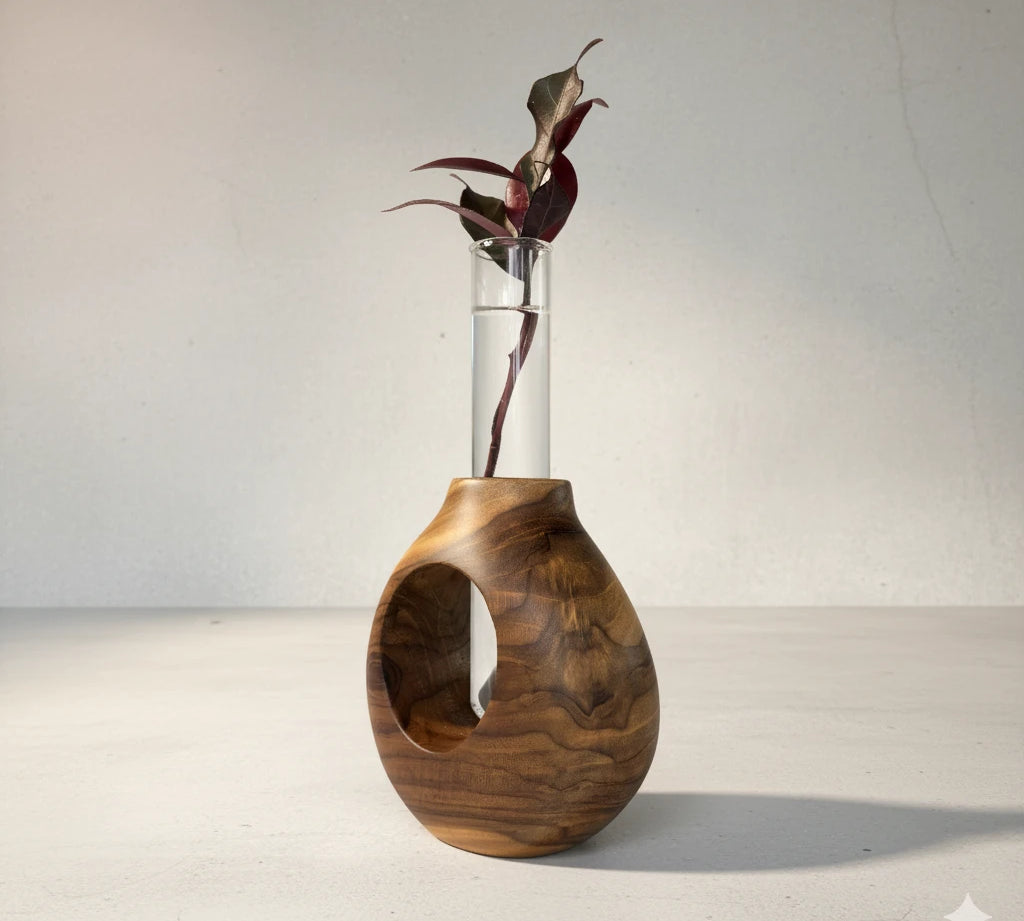Teak wood test tube vase featuring a unique design with a glass test tube for flowers