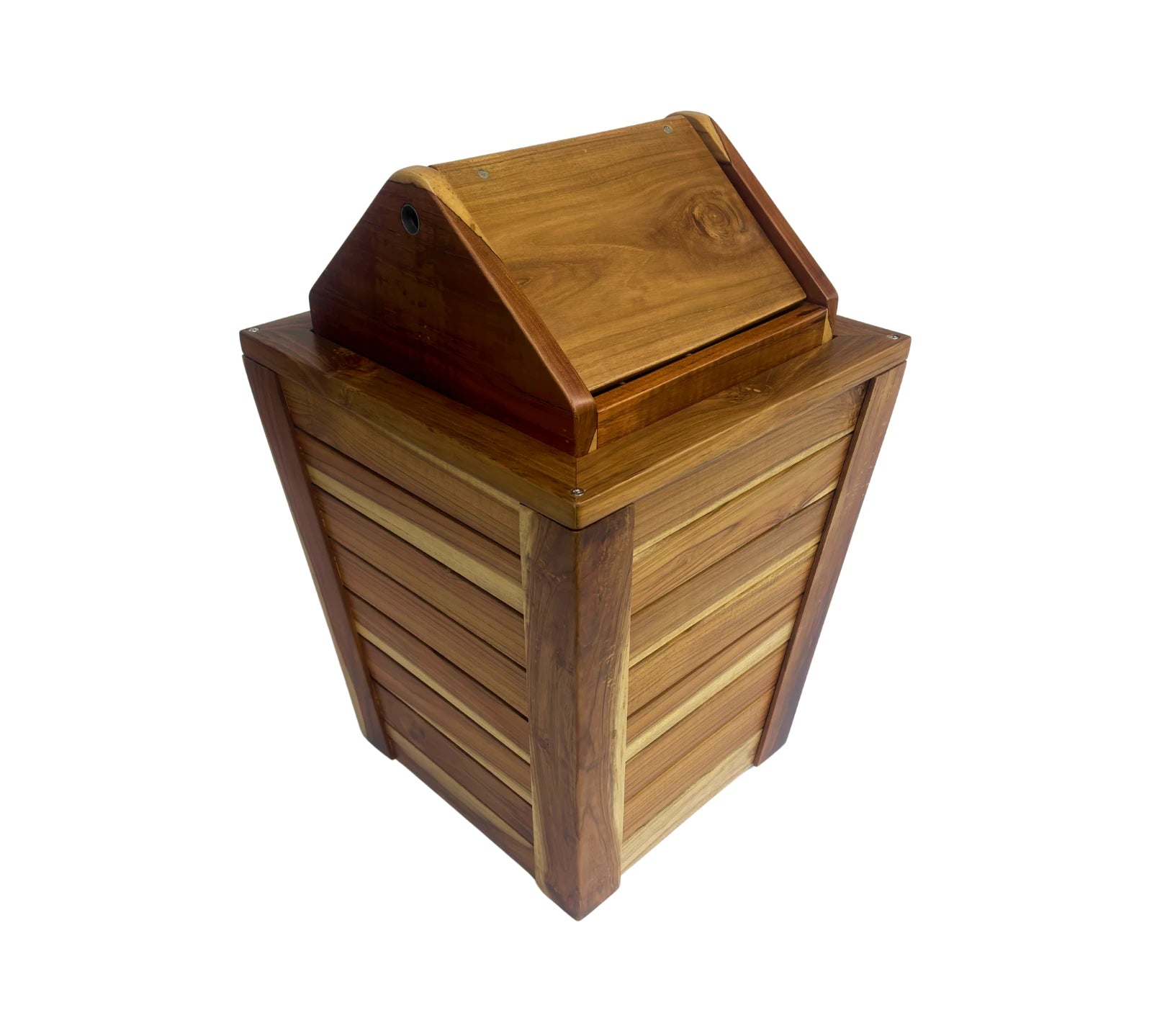 Wood Ceylon wooden trash can with swing top lid featuring slatted design and natural finish