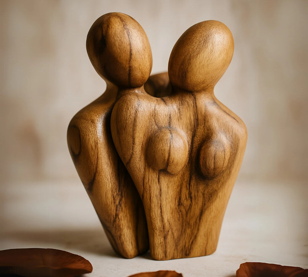 Handcrafted wood couple sculpture in natural finish, symbolizing love and unity in home decor
