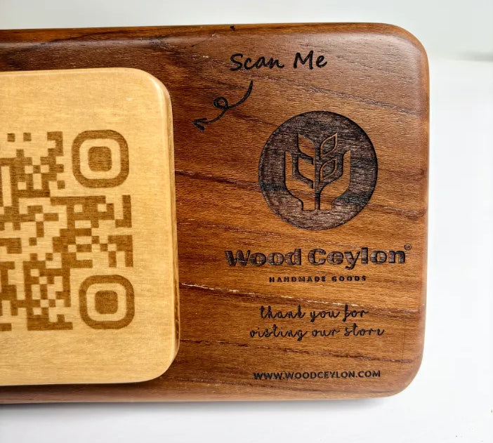 Wood Ceylon personalized qr code sign with engraved logo and thank you message on wooden plaque