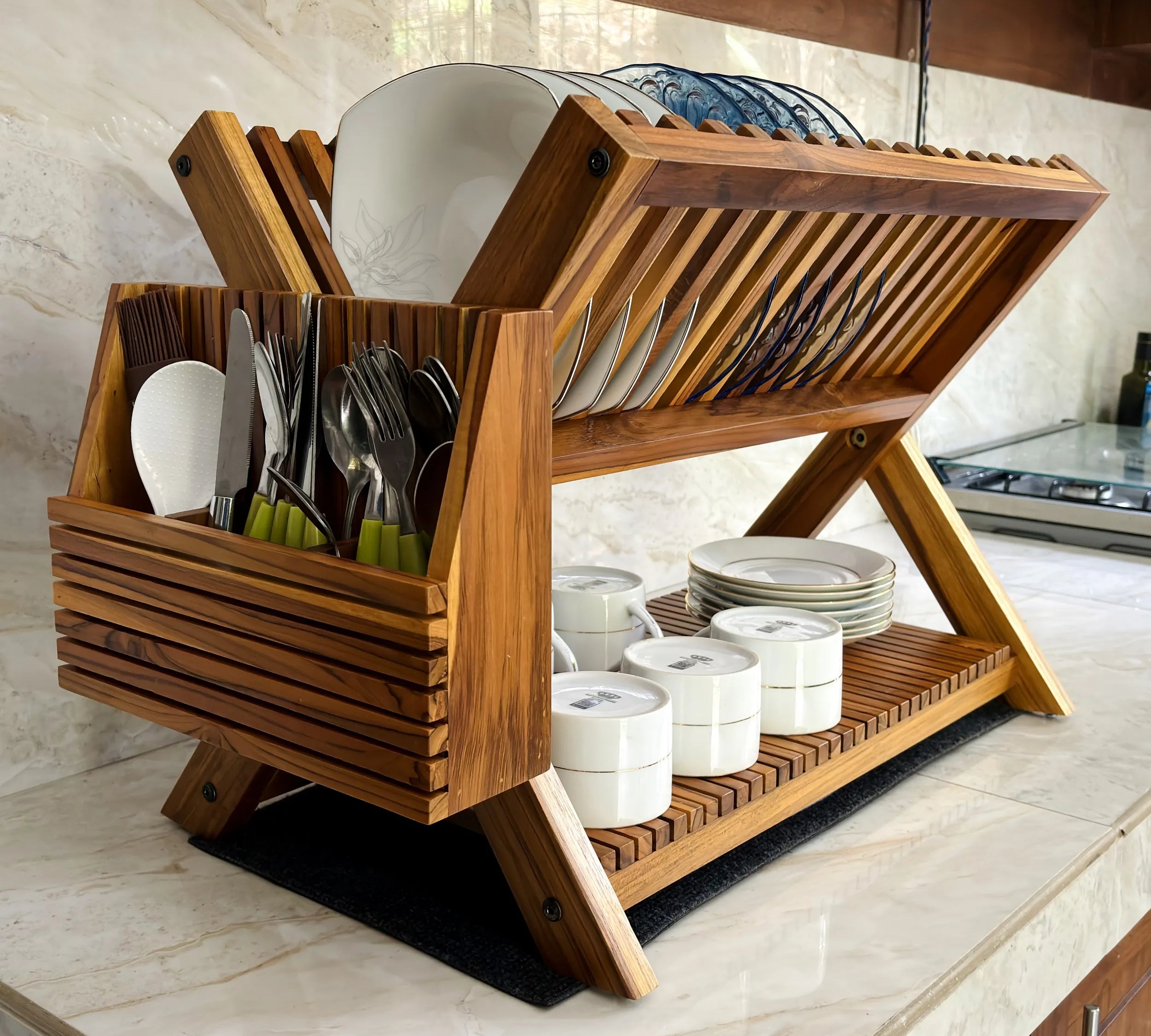 Wood Ceylon wooden dish drying rack with slots for plates and holders for utensils on kitchen counter