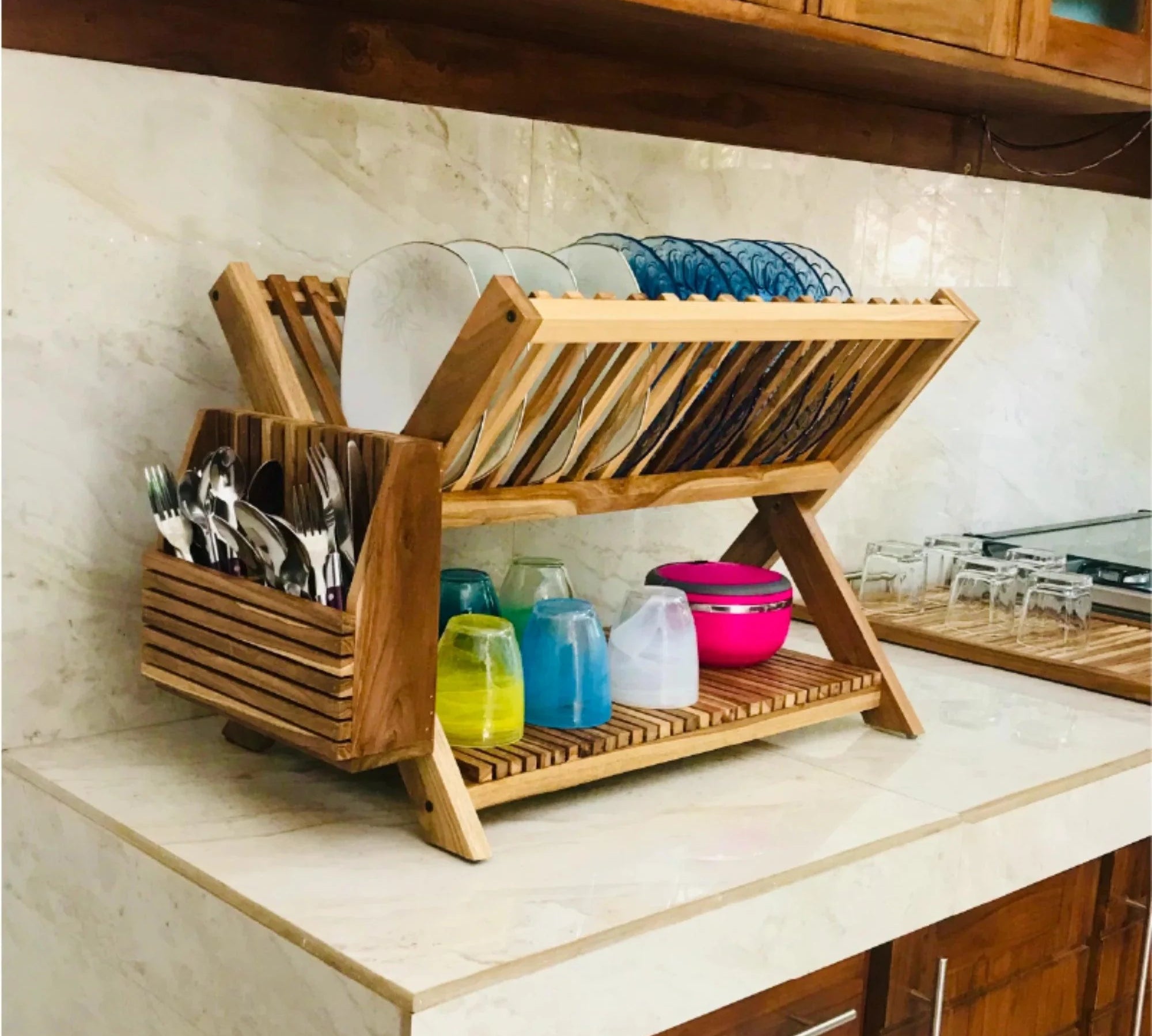 Wood Ceylon wooden dish drying rack with slots for plates and compartments for utensils and cups on kitchen counter