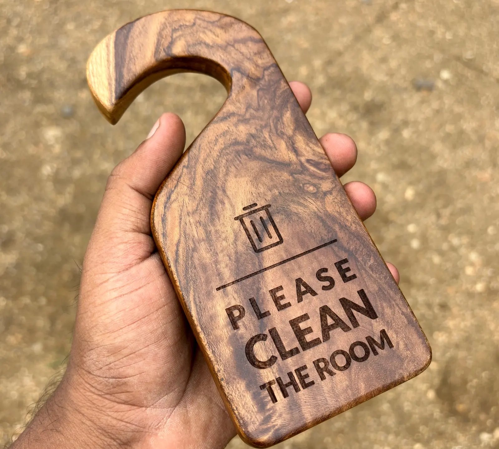 Wooden door sign hanger with Please Clean The Room text handcrafted by Wood Ceylon