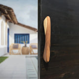 Wood Ceylon wooden front door handle hardware mounted on a dark door with a blurred outdoor background