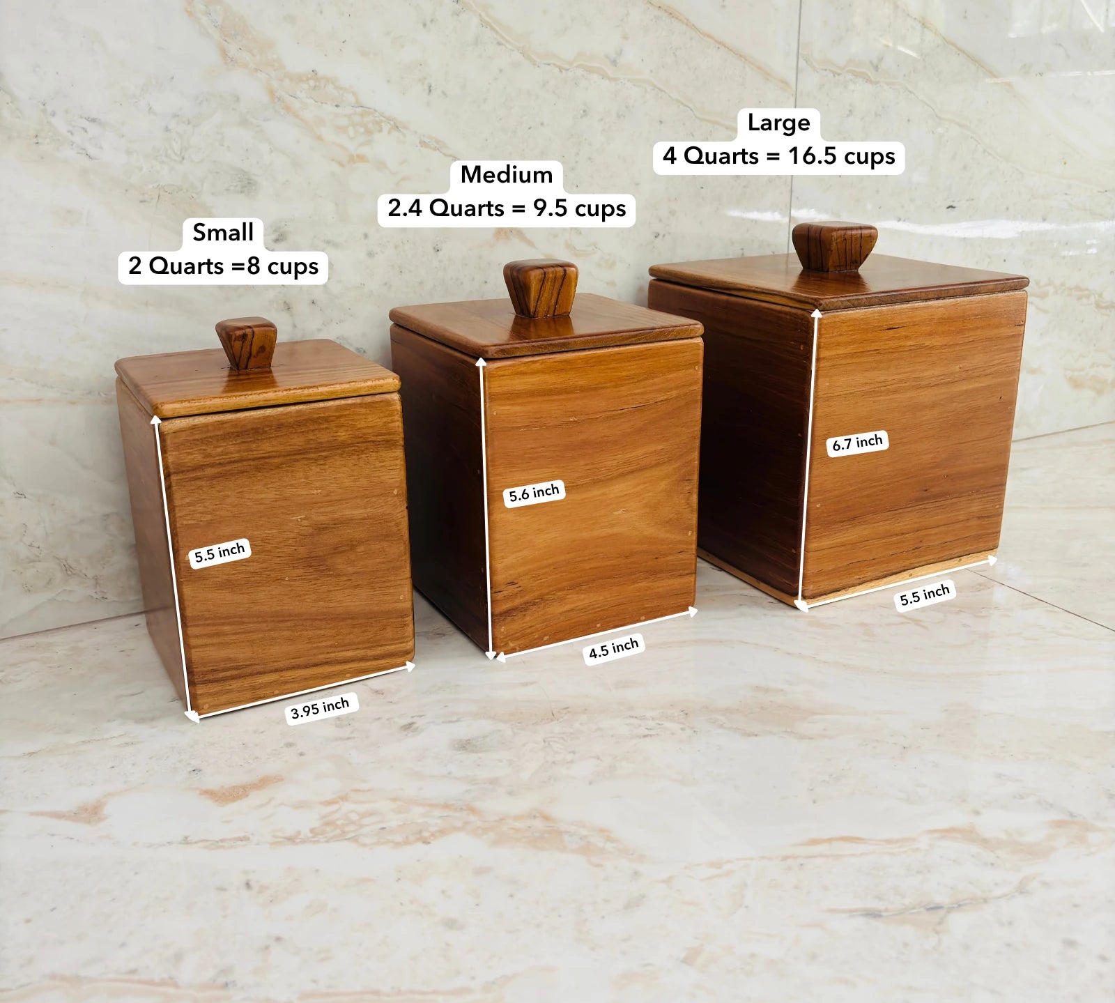 Wood Ceylon kitchen canister set of 3 wooden containers with lids in small medium and large sizes