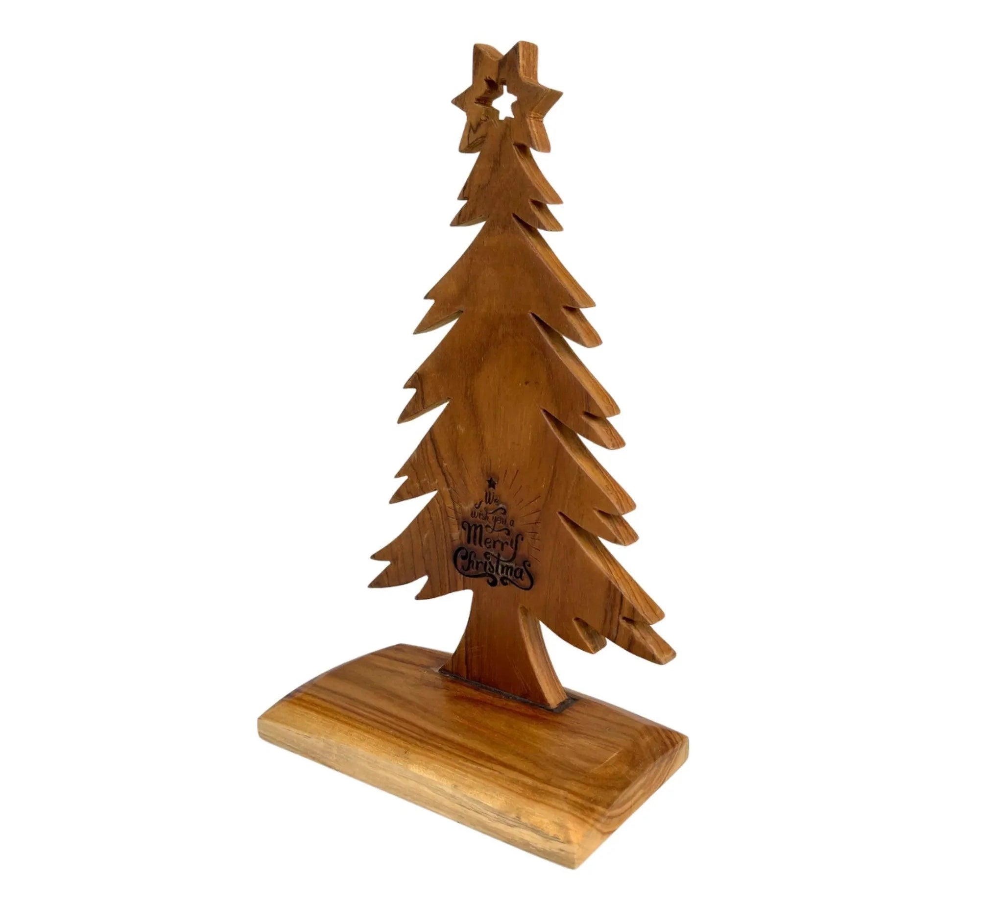 Wood Ceylon wooden tabletop Christmas tree with star top and Merry Christmas engraving on natural wood base