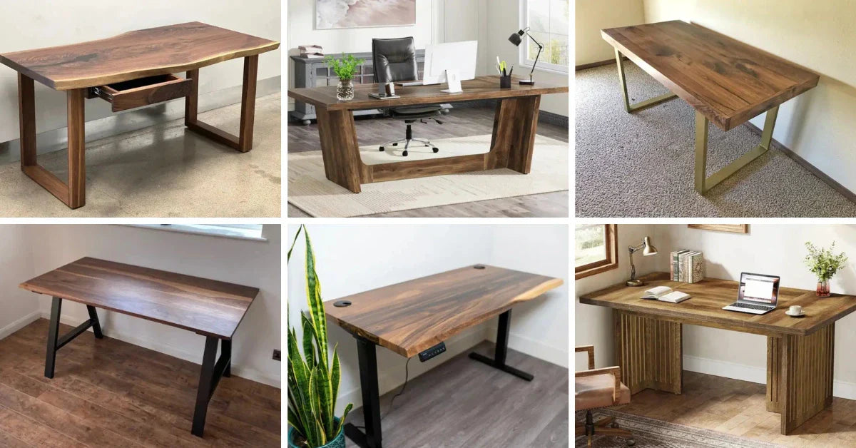 Various styles and designs of solid wood desk showcasing durability and timeless workspace elegance