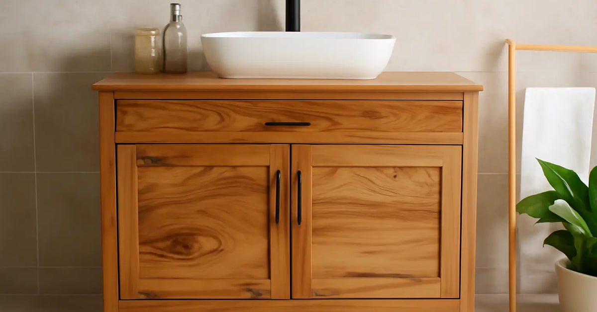 Beautiful wood bathroom vanity featuring a sleek design with a modern sink and natural wood finish