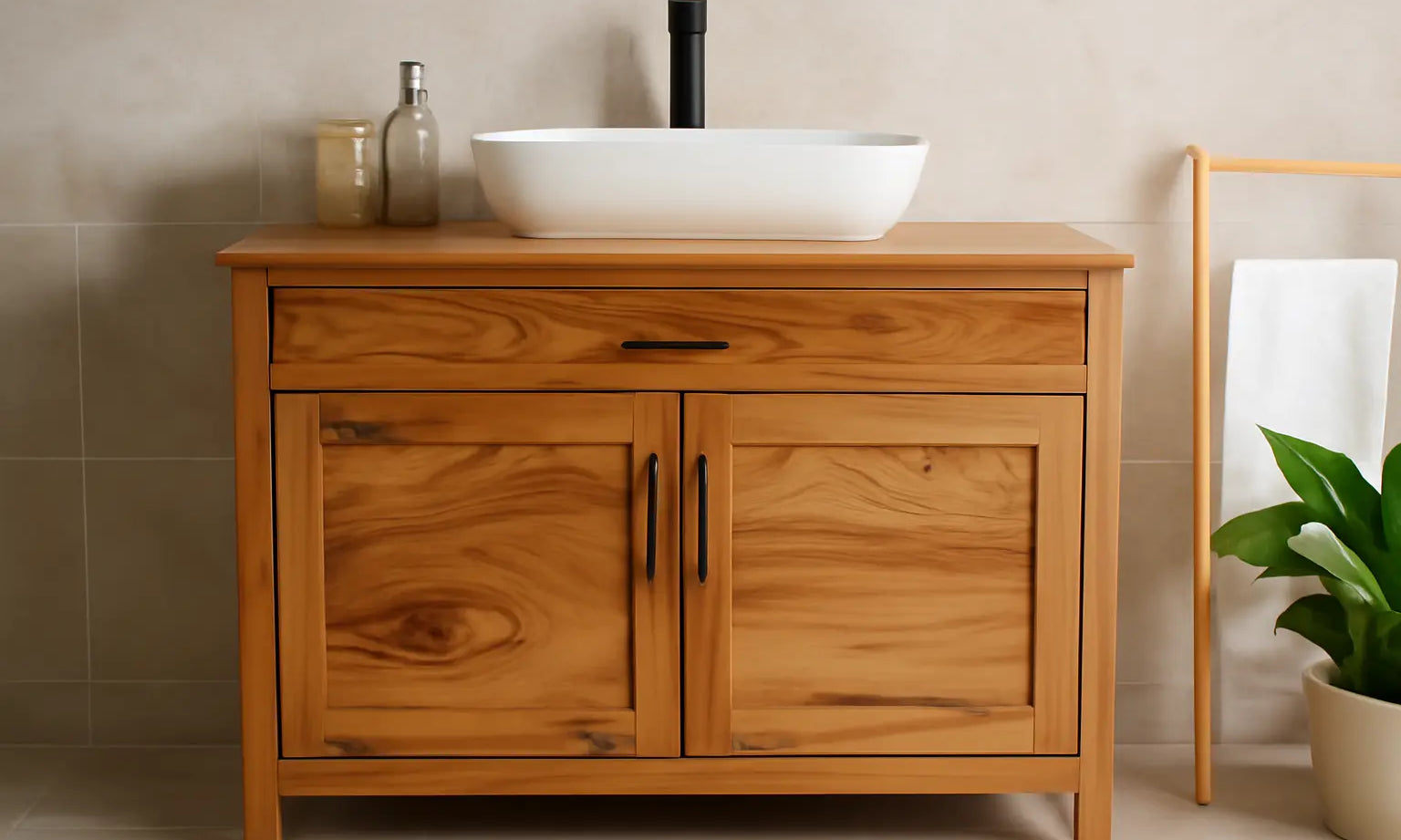 Beautiful wood bathroom vanity featuring a sleek design with a modern sink and natural wood finish