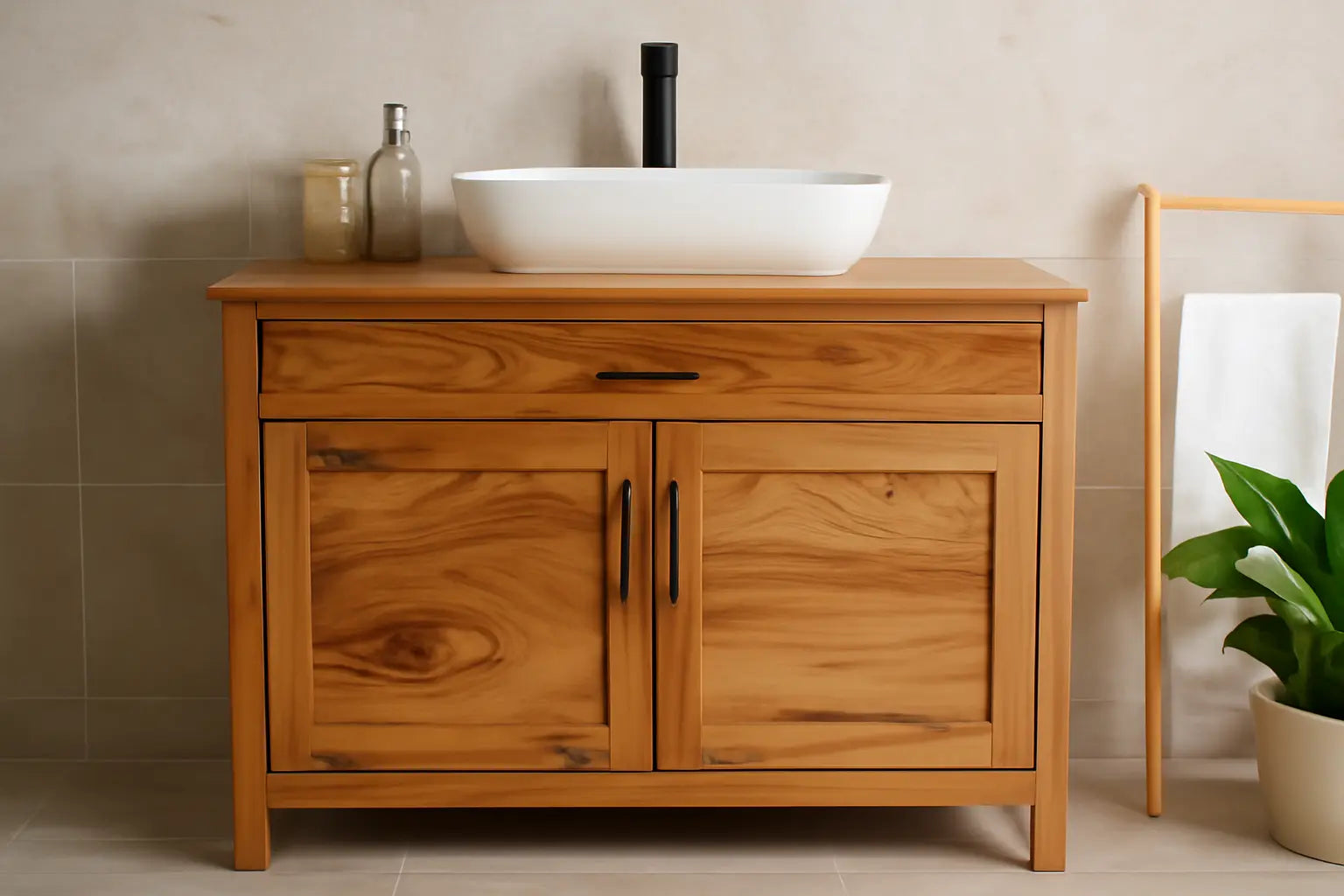 Beautiful wood bathroom vanity featuring a sleek design with a modern sink and natural wood finish