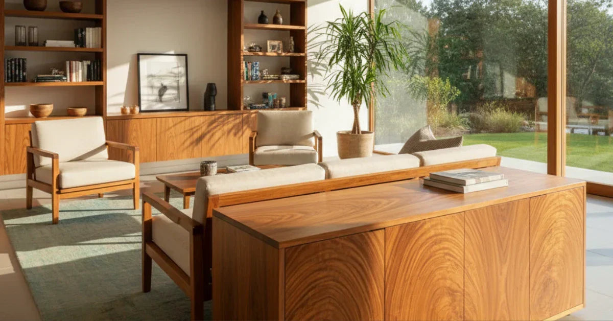 Stylish living room featuring teak wood furniture for a modern and eco-friendly aesthetic