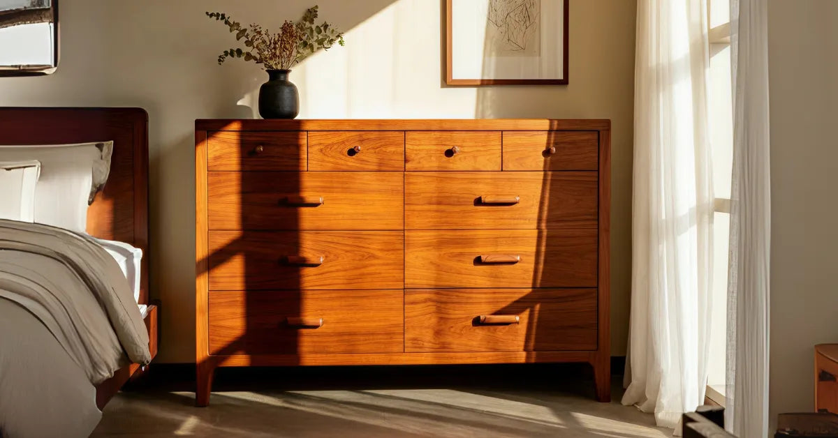 Solid wood dresser with multiple drawers in a sunlit bedroom featuring a vase with dried flowers