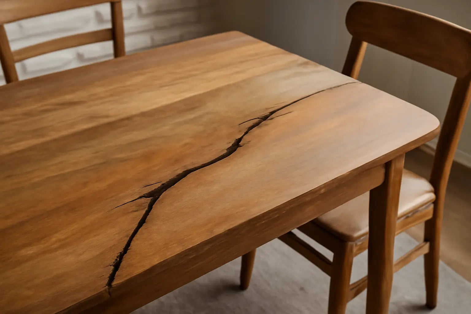 Close-up of acacia wood furniture table with natural wood grain and two matching chairs in warm lighting