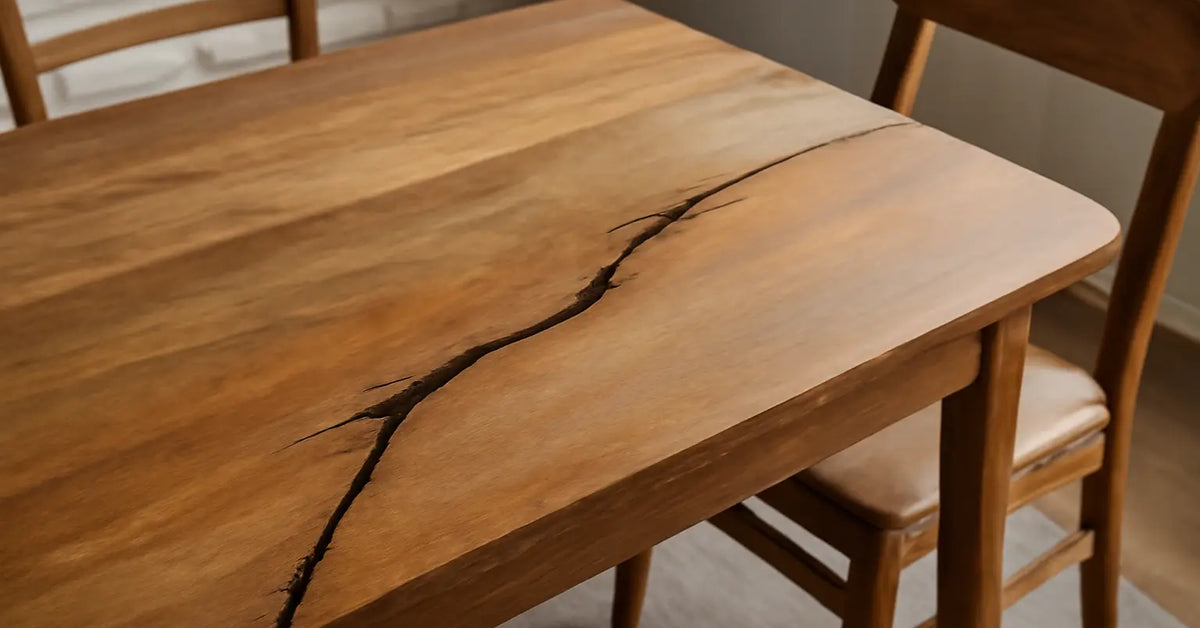 Close-up of acacia wood furniture table with natural wood grain and two matching chairs in warm lighting