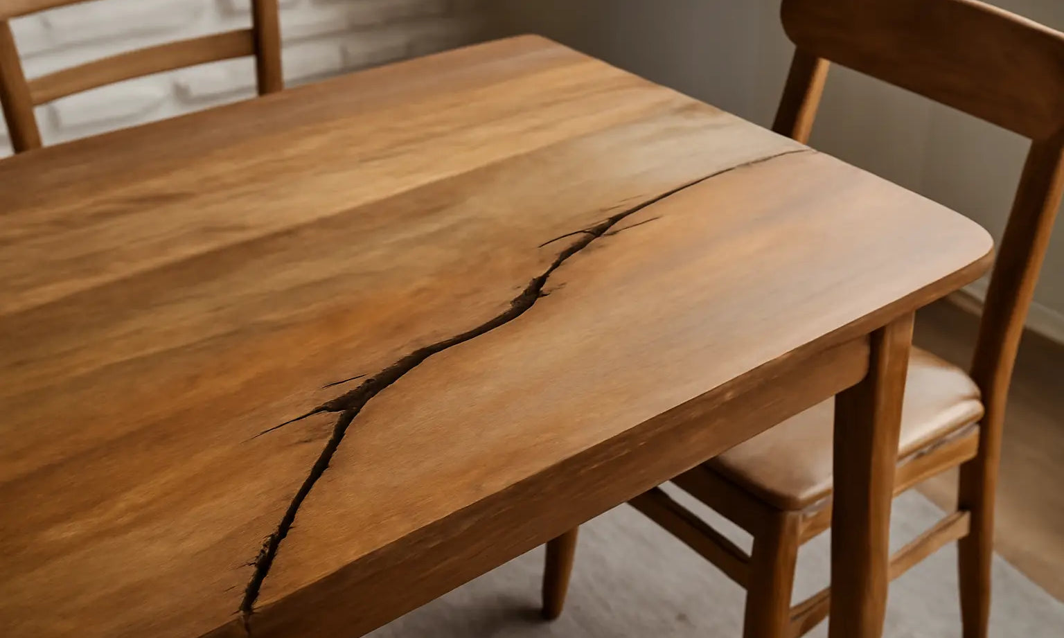 Close-up of acacia wood furniture table with natural wood grain and two matching chairs in warm lighting