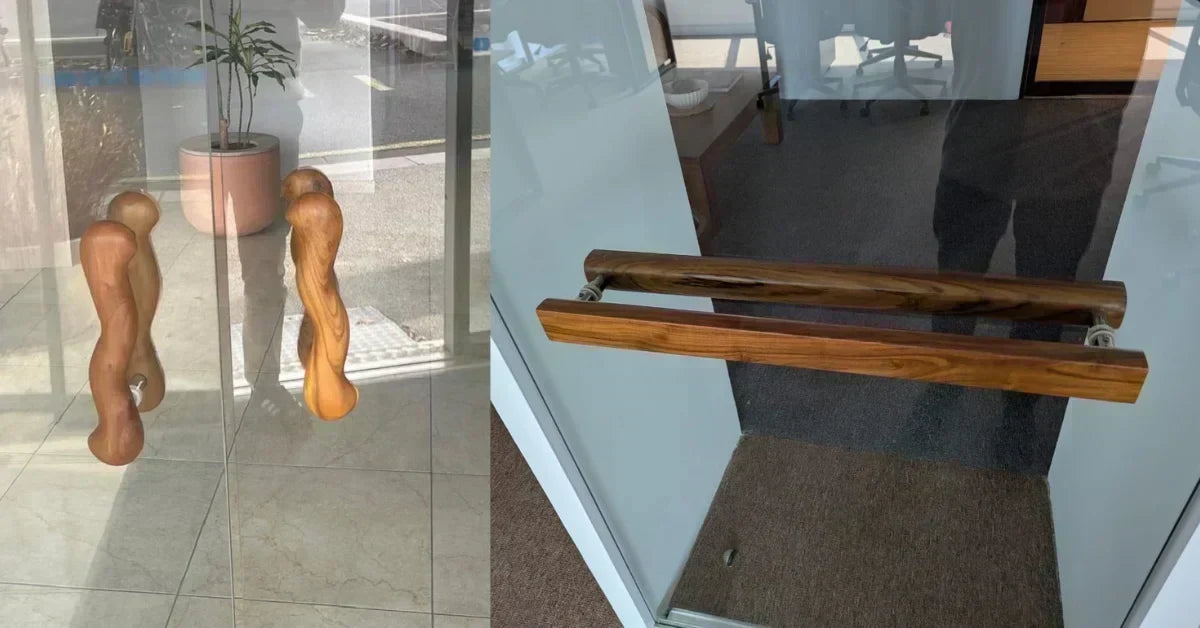 Stylish door handles featuring unique wooden designs for modern glass doors