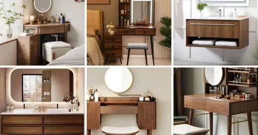 Collection of stylish bathroom vanity with mirror designs featuring compact storage and modern wooden finishes