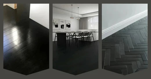 Modern interiors featuring sleek black wood flooring in various patterns adding elegance and sophistication