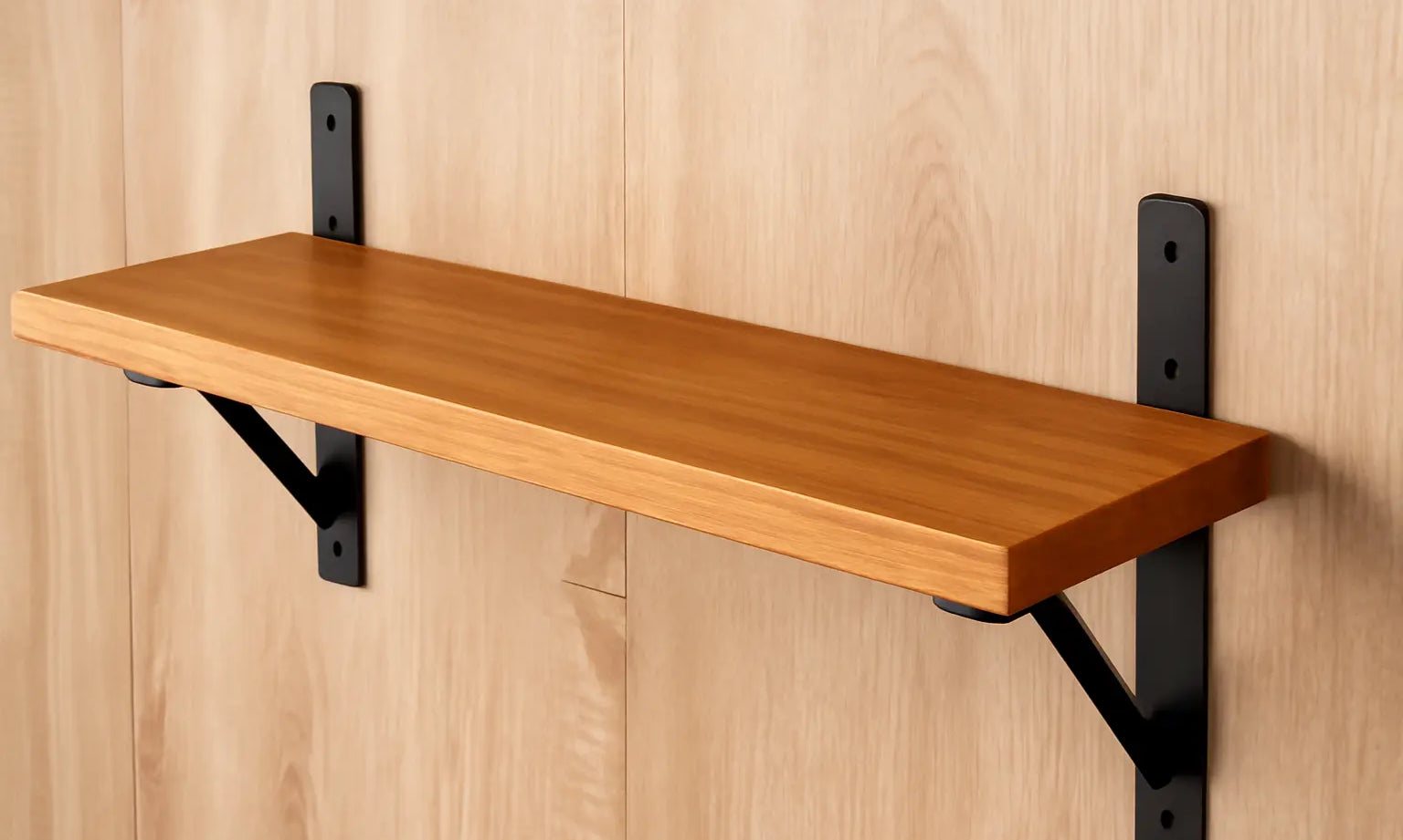 Stylish wooden shelf supported by sturdy brackets for shelves wood against a wooden backdrop