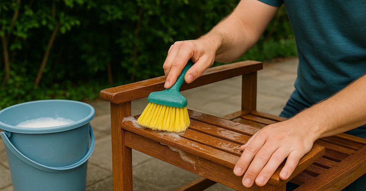 Person cleaning wooden outdoor furniture with a brush and soapy water bucket in garden