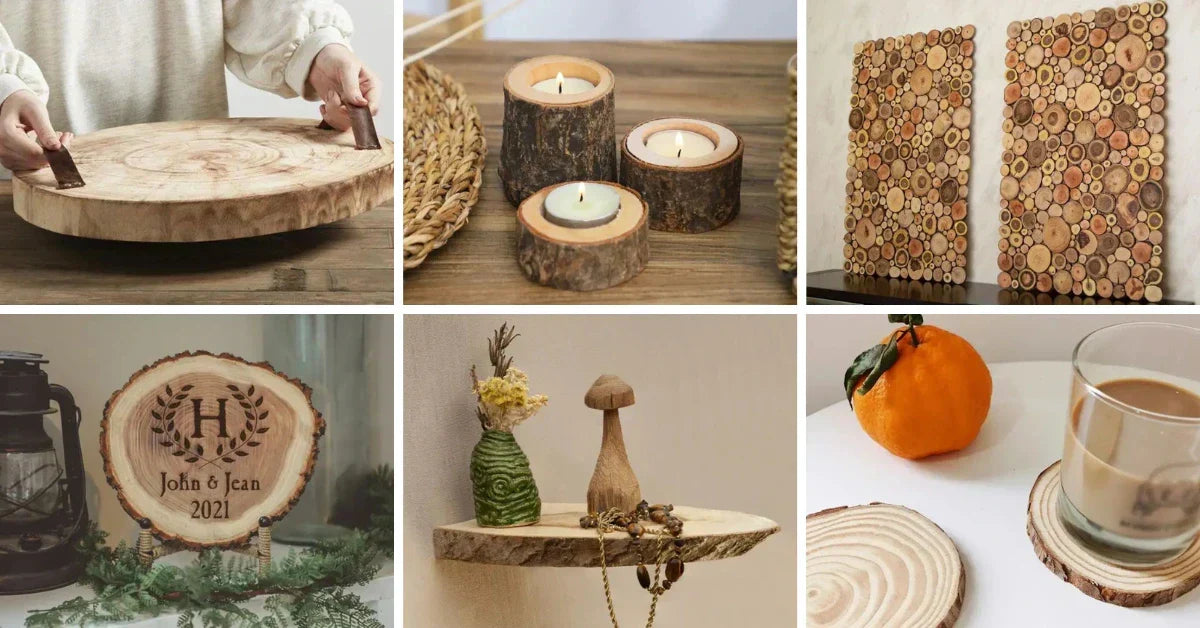 Collection of wood slice craft ideas including coasters, candle holders, wall art, engraved decor, and rustic home accessories
