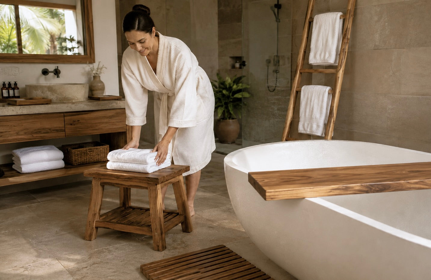 Hotel bathroom shower bench, tub tray styled with wooden accessories