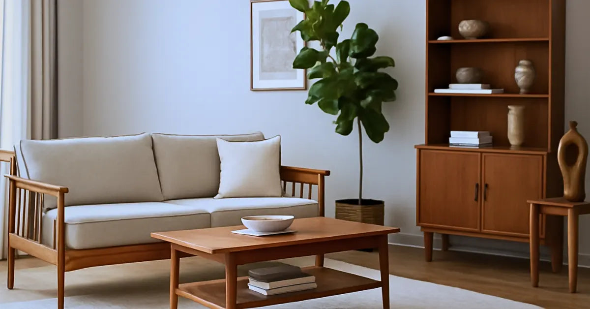 Stylish teak furniture for modern interiors featuring a sofa, coffee table, and storage unit in a cozy living room