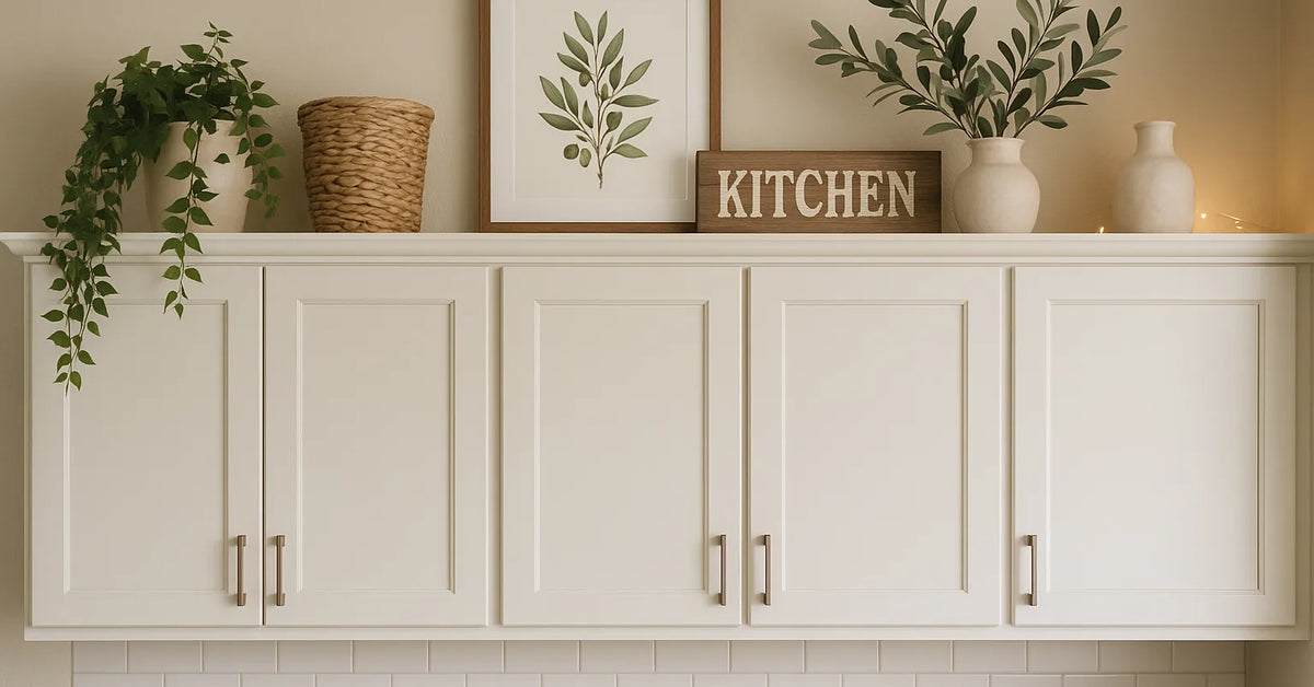 How to Decorate Above Kitchen Cabinets with greenery framed art woven basket and neutral vases for style