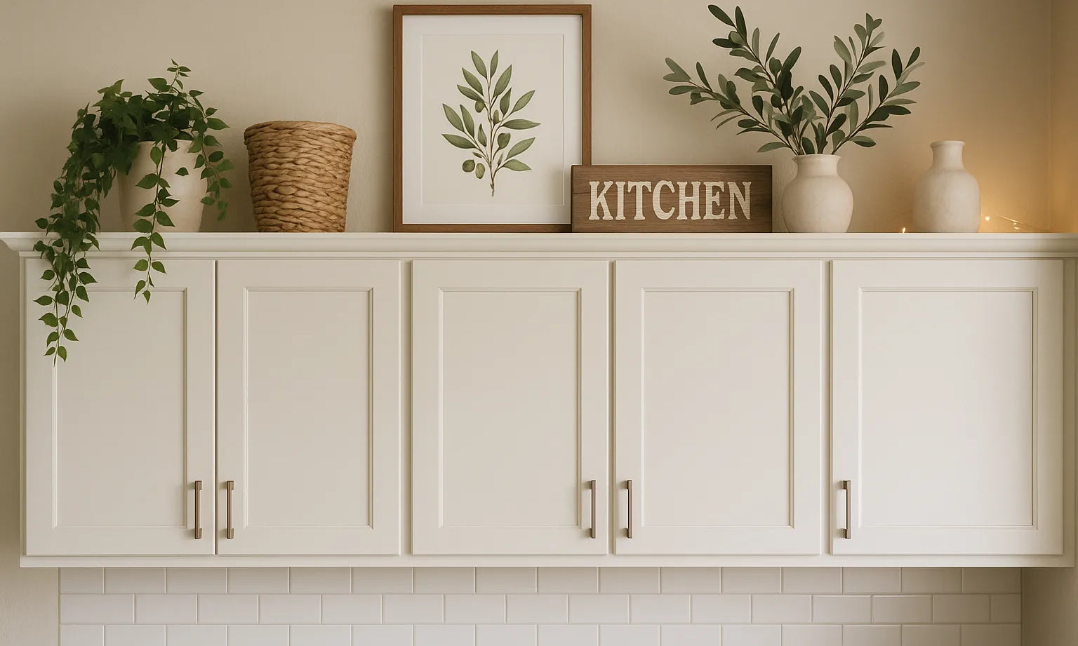How to Decorate Above Kitchen Cabinets with greenery framed art woven basket and neutral vases for style