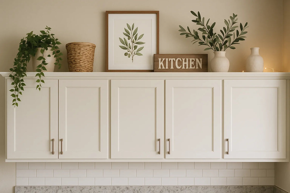 How to Decorate Above Kitchen Cabinets with greenery framed art woven basket and neutral vases for style