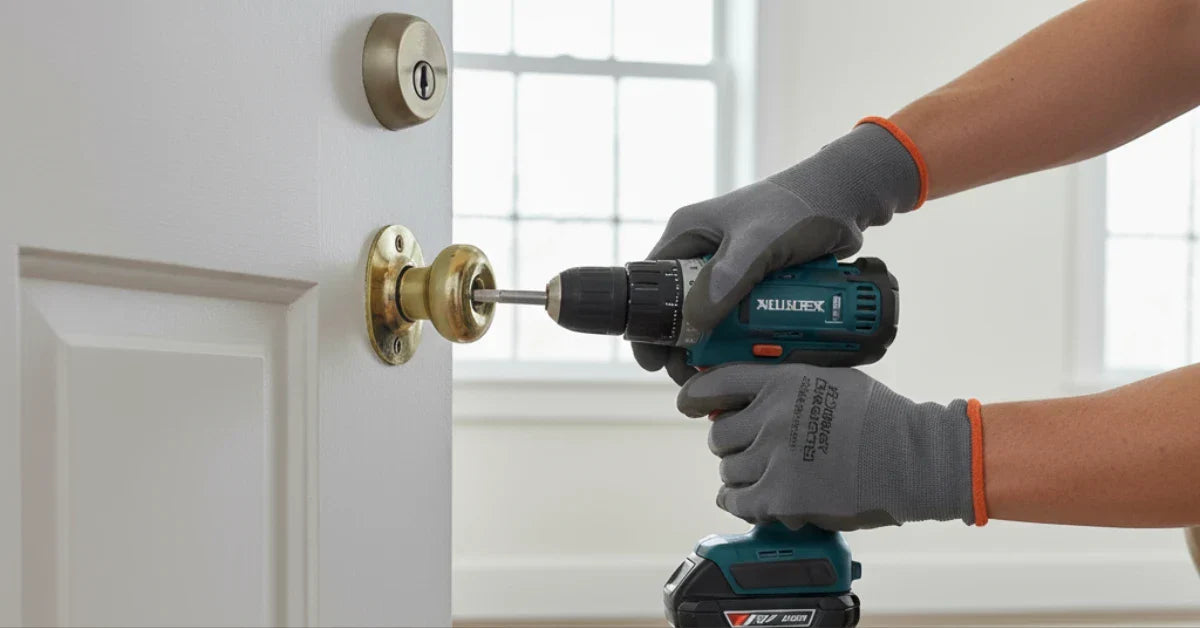 How to Replace a Door Handle tutorial showing gloved hands using cordless drill to remove brass door knob on white interior door