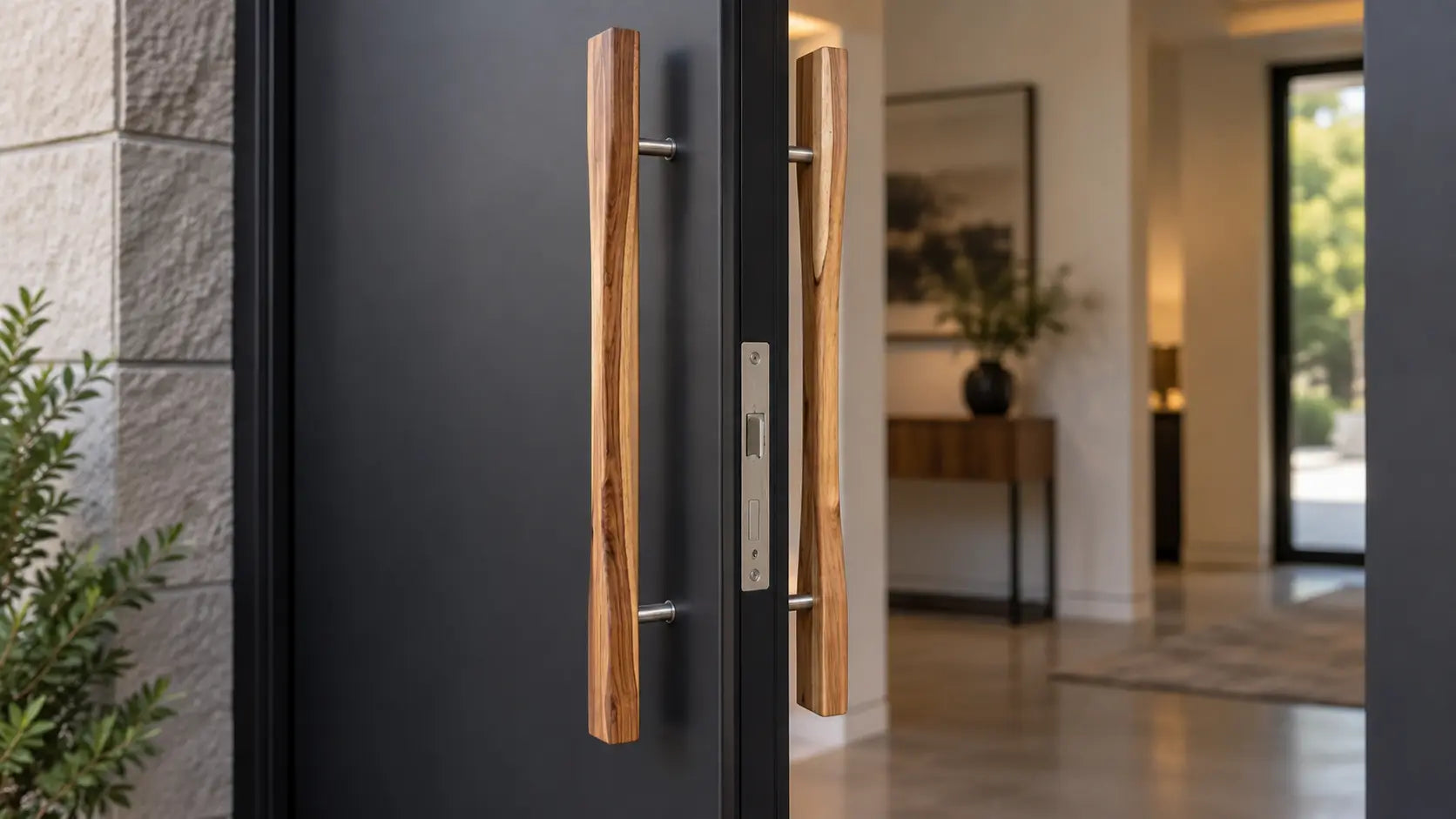 Long teak pivot door pull handle on a modern entrance door