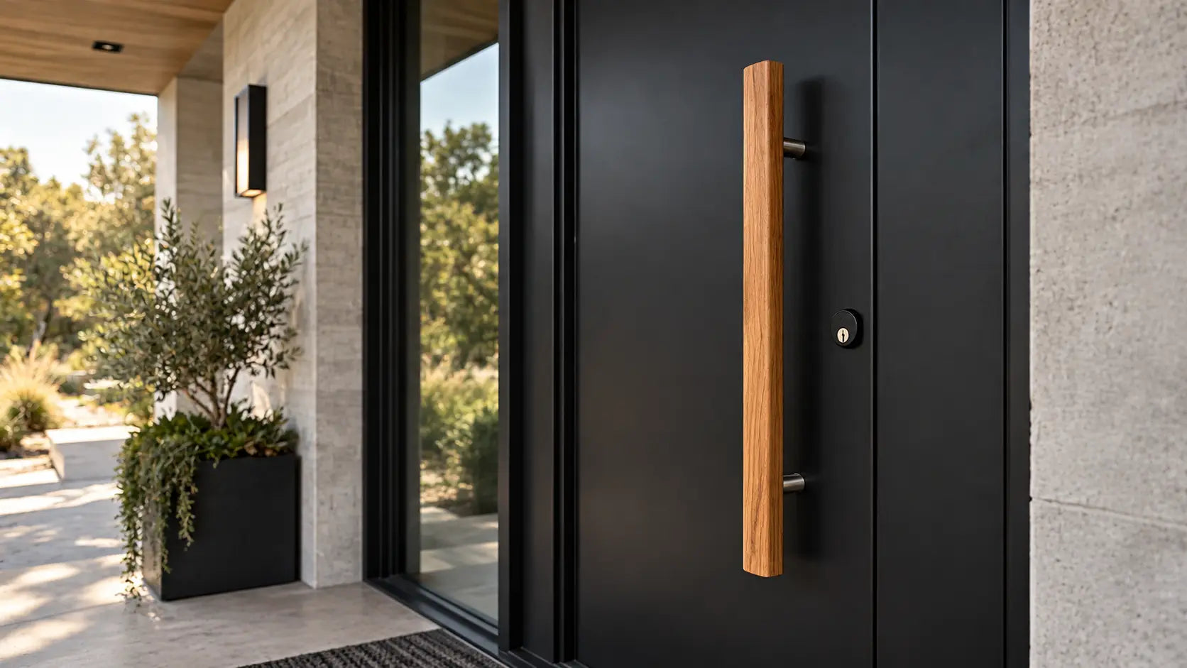 Modern teak front door pull handle on a contemporary black entrance door