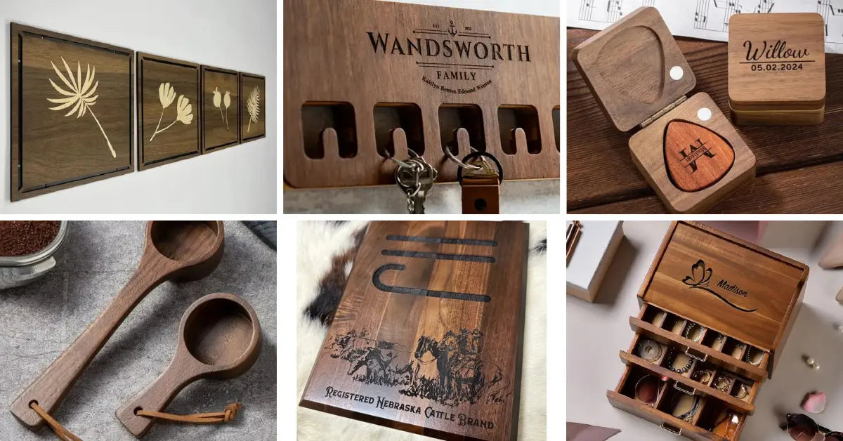 Unique wood anniversary gifts including personalized wooden decor, key holders, kitchen utensils, and keepsake boxes