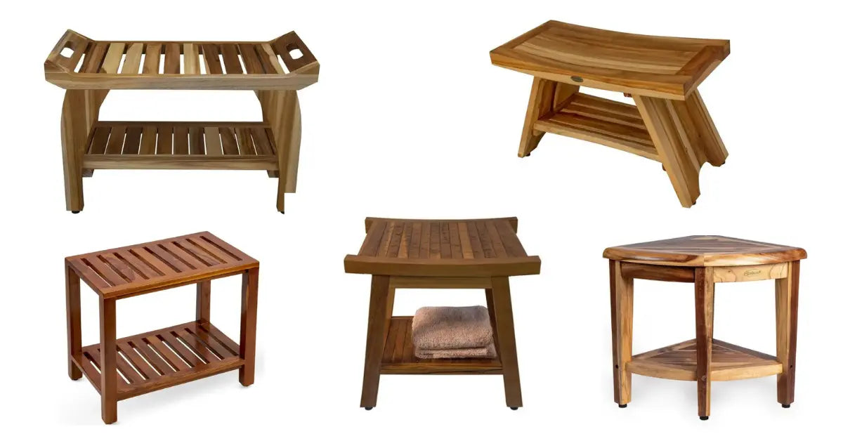 Collection of teak wood shower stools in various designs showcasing durability and elegance for bathroom use