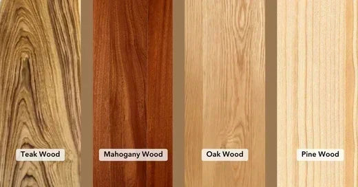 Close-up comparison of teak wood vs other wood types including mahogany oak and pine with labeled wood grain textures