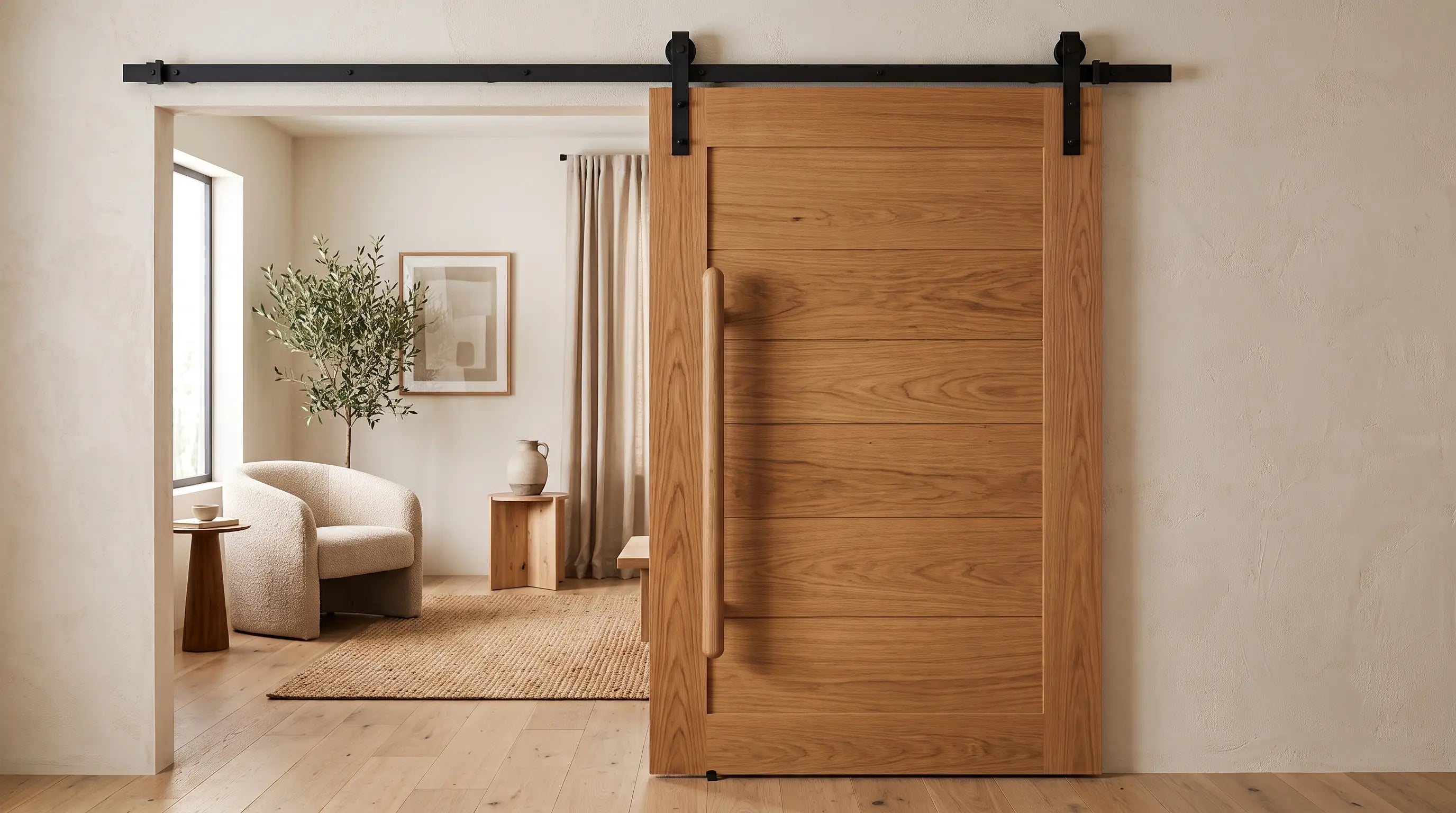 Teak wood barn door pull handle on a modern sliding barn door
