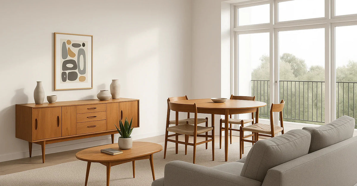 Stylish living room featuring Danish Teak furniture including a dining table and sideboard, showcasing mid-century modern design
