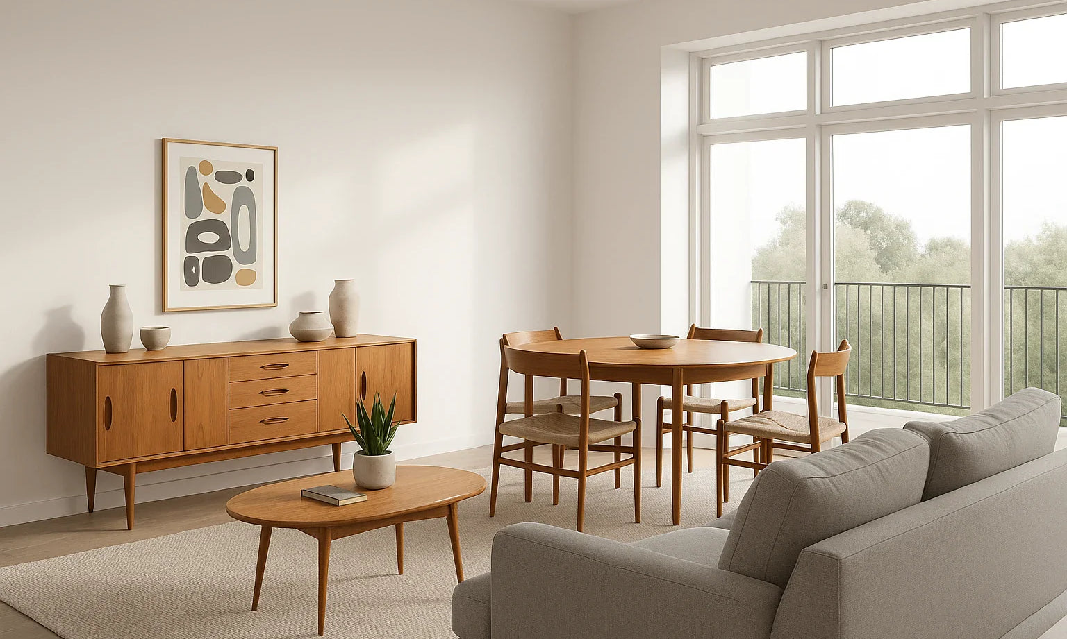 Stylish living room featuring Danish Teak furniture including a dining table and sideboard, showcasing mid-century modern design